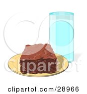 Poster, Art Print Of Chocolate Brownie Square On A Yellow Plate With A Tall Glass Of Milk