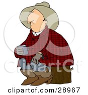 Sleepy Cowboy In Plaid Sitting On A Stump And Holding A Cup Of Coffee