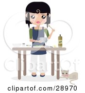 Poster, Art Print Of Cat Resting By A Table Where Black Haired Caucasian Woman Prepares Food