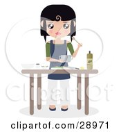 Poster, Art Print Of Black Haired Caucasian Woman Preparing Food With Oils And Veggies At A Kitchen Table