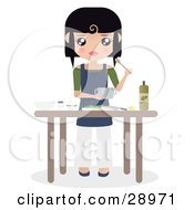 Clipart Illustration Of A Black Haired Caucasian Woman Preparing Food With Oils And Veggies At A Kitchen Table by Melisende Vector