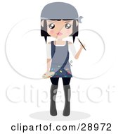 Poster, Art Print Of Black Haired Woman Wearing An Apron With Paint On It Holding A Paintbrush And A Palette