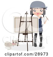 Clipart Illustration Of A Cat Resting By A Female Artist Holding A Paintbrush And Looking Over A Canvas On An Easel