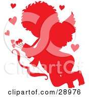 Poster, Art Print Of Cupid Silhouetted In Red Surrounded By Hearts And Carrying A Bow And Arrows