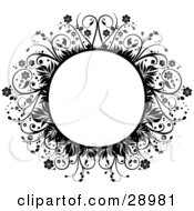 Clipart Illustration Of A Blank Circle Framed By Black Flowers Leaves And Vines Over White