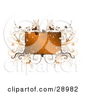 Poster, Art Print Of Scratched Grunge Orange Text Box Bordered By Paint Splatters And Brown And Orange Flourishes And Plants On A White Background