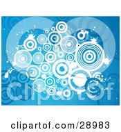 Clipart Illustration Of A Cluster Of White Circles And Splatters Over A Blue Background With Blue Circles