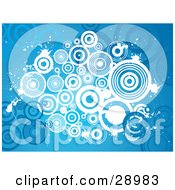 Poster, Art Print Of Cluster Of White Circles And Splatters Over A Blue Background With Blue Circles