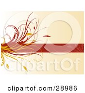 Poster, Art Print Of Red Text Bar With Faded Leaf Designs And A Flourish Along The Left Side Over A Gradient Beige Background
