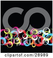 Clipart Illustration Of A Row Of Retro Pink Blue Yellow Red Green And White Circles Crossing Over A Black Background