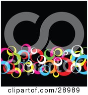 Poster, Art Print Of Row Of Retro Pink Blue Yellow Red Green And White Circles Crossing Over A Black Background