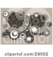 Clipart Illustration Of A Cluster Of Retro Brown And White Swirls And Circles On A Beige Background