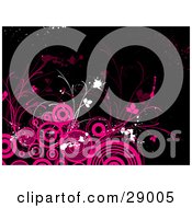 Clipart Illustration Of A Black Background With White And Pink Splatters Flourishes And Circles