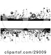 Poster, Art Print Of Blank Text Bar Framed With Black Flowers Plants Grunge And Circles Over A White Background