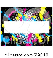 Poster, Art Print Of Black Background With Dots And Pink Blue And Yellow Paint Splatters Behind A Blank White Text Box