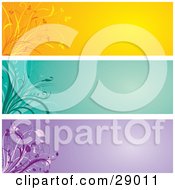 Set Of Three Orange Green And Purple Website Banner Header Panels With Flourishes