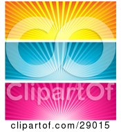 Clipart Illustration Of A Set Of Three Orange Blue And Pink Website Banner Header Panels Of Bursts Of Light