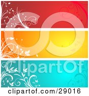 Poster, Art Print Of Set Of Three Red Orange And Blue Website Banner Header Panels With White Silhouetted Flourishes