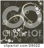 Clipart Illustration Of White Flowers And Sparkling Vines Over Silhouetted Plants On A Dark Green Background