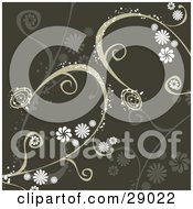 Poster, Art Print Of White Flowers And Sparkling Vines Over Silhouetted Plants On A Dark Green Background