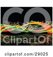 Clipart Illustration Of Waves Of Green Yellow And Orange Reflecting Over A Black Background With White And Yellow Circles