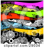 Poster, Art Print Of Background Of Waves Of Black And White Circles On Pink Yellow Green Red White Blue And Black Waves