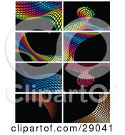 Poster, Art Print Of Set Of Rainbow Colored Blue Pink And Orange Waves Made Of Squares On Black Backgrounds