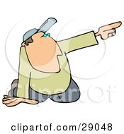 Poster, Art Print Of White Man In A Hat Kneeling On The Ground And Pointing To The Right While Giving Someone Directions