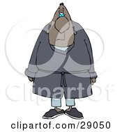Tired Black Man In Blue Pajamas Slippers And A Robe Standing And Facing Front