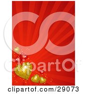 Poster, Art Print Of Golden And Red Hearts Along The Lower Left Corner Of A Bursting Red Background