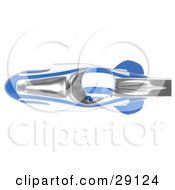 Clipart Illustration Of A Chrome And Blue Ao Maru Robot Waving While Speeding Past In A Hovering Rocket