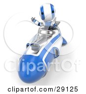 Poster, Art Print Of Silver And Blue Ao-Maru Robot Waving While Driving Forward In A Hover Rocket