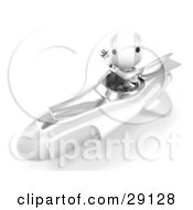 Clipart Illustration Of A Chrome And White AO Maru Robot Waving While Speeding Past In A Hovering Rocket by Leo Blanchette