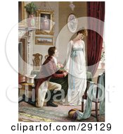 Poster, Art Print Of Vintage Victorian Scene Of A Young Man On Bended Knee Proposing To A Lovely But Pouty Young Lady In A Home Interior Circa 1830