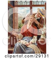 Poster, Art Print Of Vintage Victorian Scene Of A Man Reaching In Through An Open Window Covering A Womans Eyes As She Sews Circa 1850