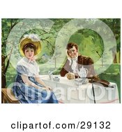 Clipart Picture Of A Vintage Victorian Couple Drinking Tea Outdoors On A Nice Day The Woman Looking Away From The Man Circa 1830 by OldPixels #COLLC29132-0072
