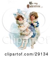 Poster, Art Print Of Vintage Valentine Of A Boy Wrapping His Girlfriend In A White Daisy Flower Garland With To My Valentine Text Circa 1890