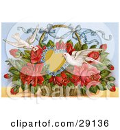 Poster, Art Print Of Vintage Valentine Of Two Doves Delivering A Basket Of Red Roses With A Blank Forget Me Not Heart And A Little Message Circa 1909