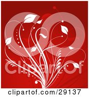 Poster, Art Print Of Leafy White Plant On A Red Background With Faint Silhouettes