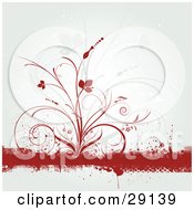 Clipart Illustration Of A Red Delicate Flourish And Silhouette On A Grunge Bar On A White Background
