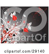 Clipart Illustration Of Red White And Gray Leafy Plants Along The Left Edge Of A Gray Grunge Background With Red And Black Splatters