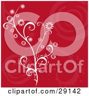 Clipart Illustration Of A White Flowering Plant Over A Red Background With Faint Floral And Swirl Designs