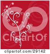 Poster, Art Print Of White Flowering Plant Over A Red Background With Faint Floral And Swirl Designs