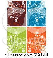 Clipart Illustration Of A Set Of White Flowering Plant Flourishes On Grunge On Red Blue Green And Orange Backgrounds