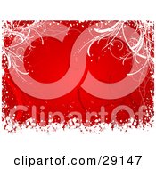 Clipart Illustration Of A Red Winter Background With Faint Silhouettes Bordered By White Snow And Grasses