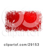Clipart Illustration Of A Red Background With Rays Of Light Bordered By White Snow Snowflakes And Plants