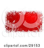 Poster, Art Print Of Red Background With Rays Of Light Bordered By White Snow Snowflakes And Plants