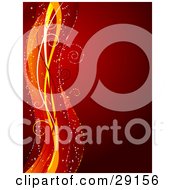 Poster, Art Print Of Sparkling Waves Of Orange Yellow White And Red On The Left Edge Of A Red Background