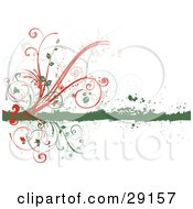 Poster, Art Print Of Orange And Green Flourishes On A Green Grunge Line On A White Background