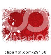 Clipart Illustration Of A Red Circle Patterned Background Bordered By White Plants And Grunge